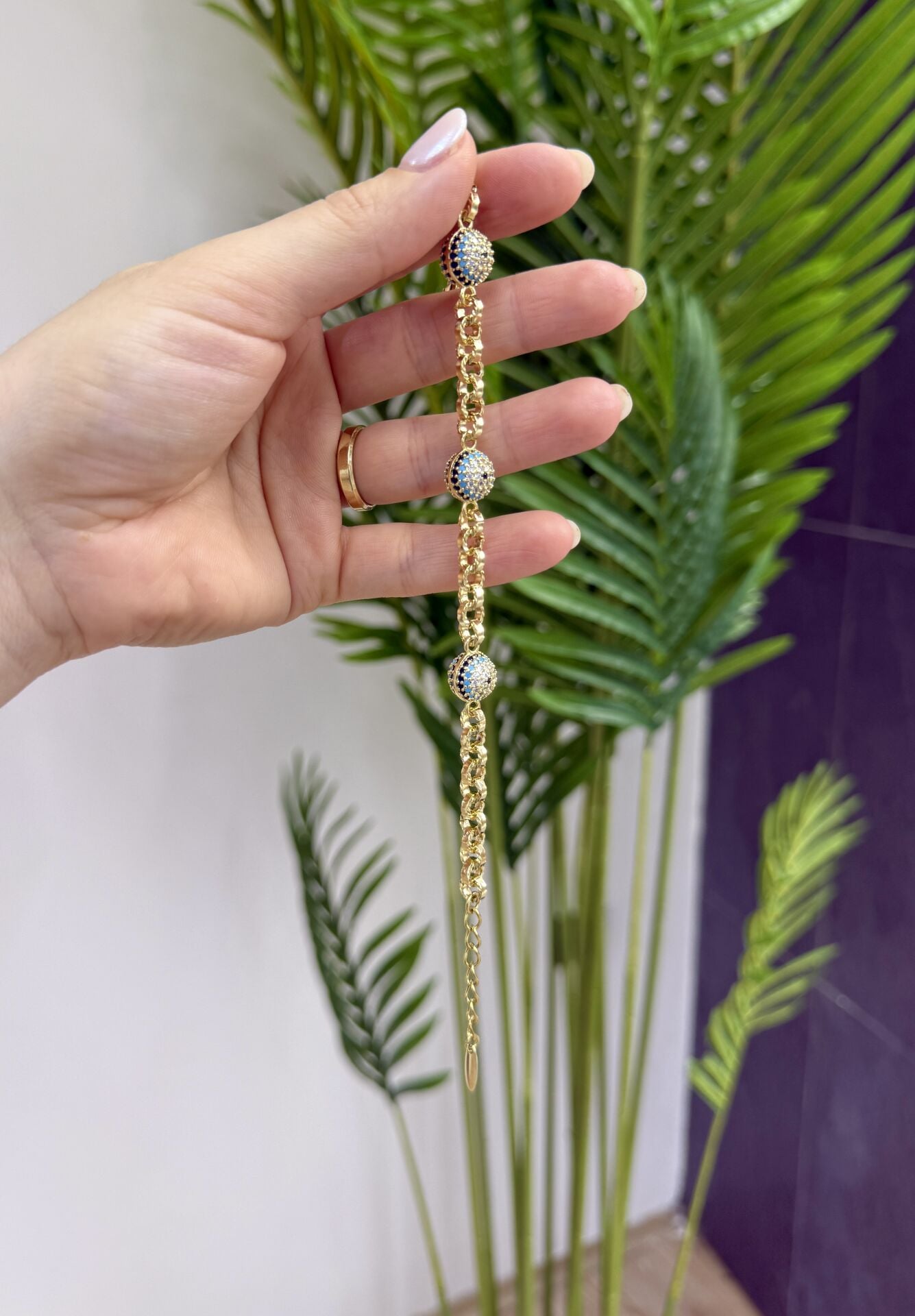 VIP Özel Seri Bileklik 3 Cam Göz Detaylı 14K Gold Renk
