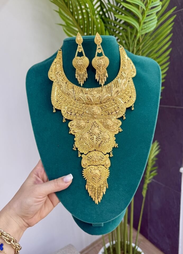 22K ALTIN KAPLAMA HİNT MODEL KOLYE KÜPE SET