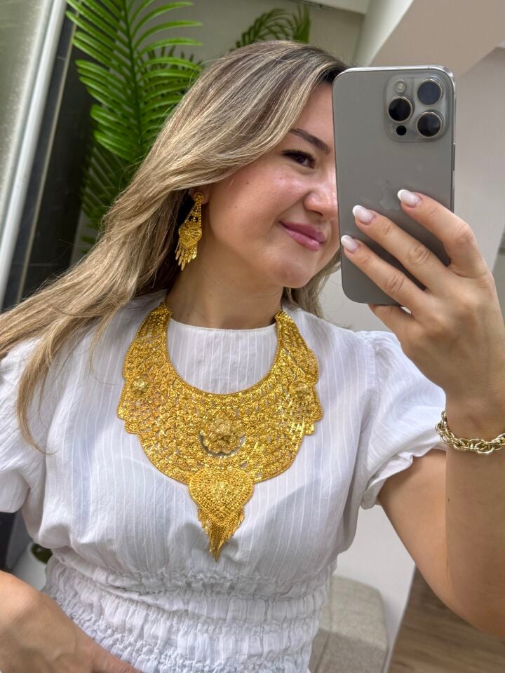 22K ALTIN KAPLAMA HİNT MODEL KOLYE KÜPE SET
