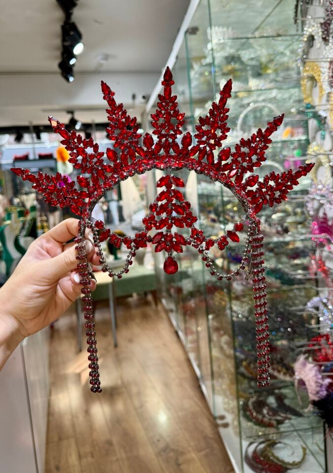 Gelin Tacı Alınlıklı ve Dik Model Kırmızı  Renk