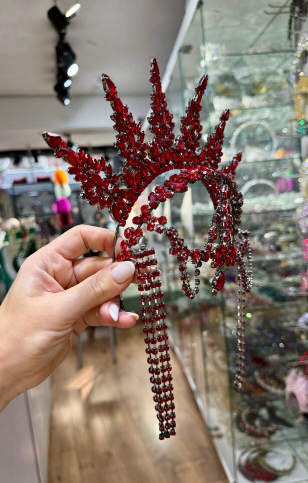 Gelin Tacı Alınlıklı ve Dik Model Kırmızı  Renk
