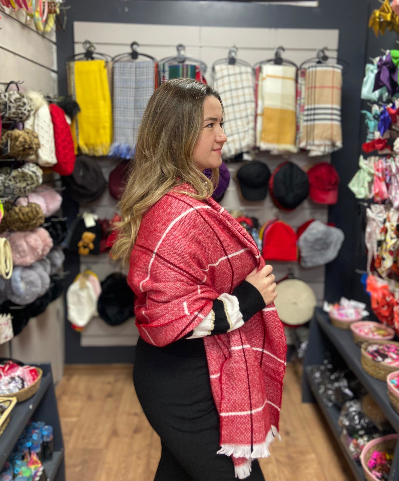 Tek Yönlü Şal Kırmızı Beyaz Çizgili