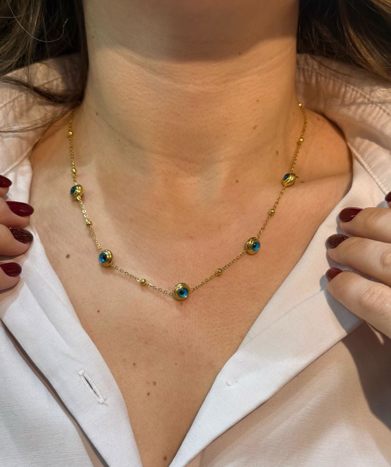 ÇELİK 14K DORİKA ZİNCİR 5'Lİ NAZAR BONCUK DETAYLI KOLYE