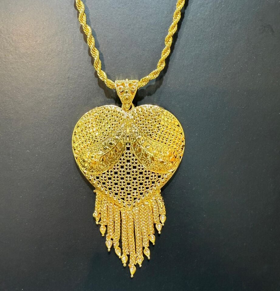 22K ALTIN KAPLAMA HİNT KOLYE , KALP KOLYE 7 CM PÜSKÜL DAHİL
