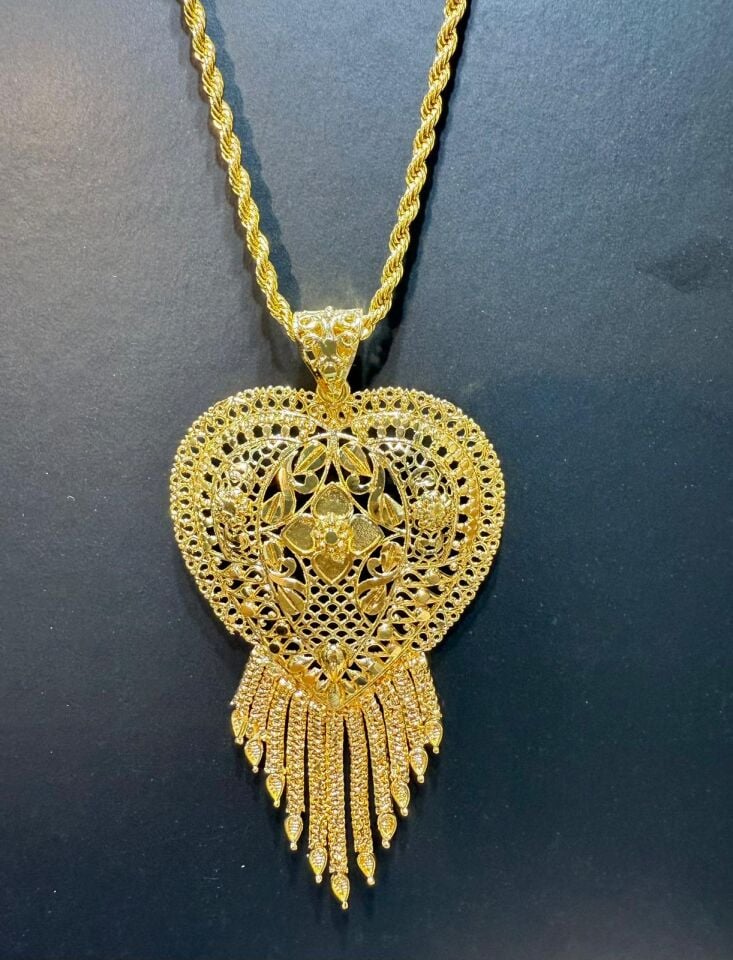 22K ALTIN KAPLAMA HİNT KOLYE , KALP KOLYE 7 CM PÜSKÜL DAHİL