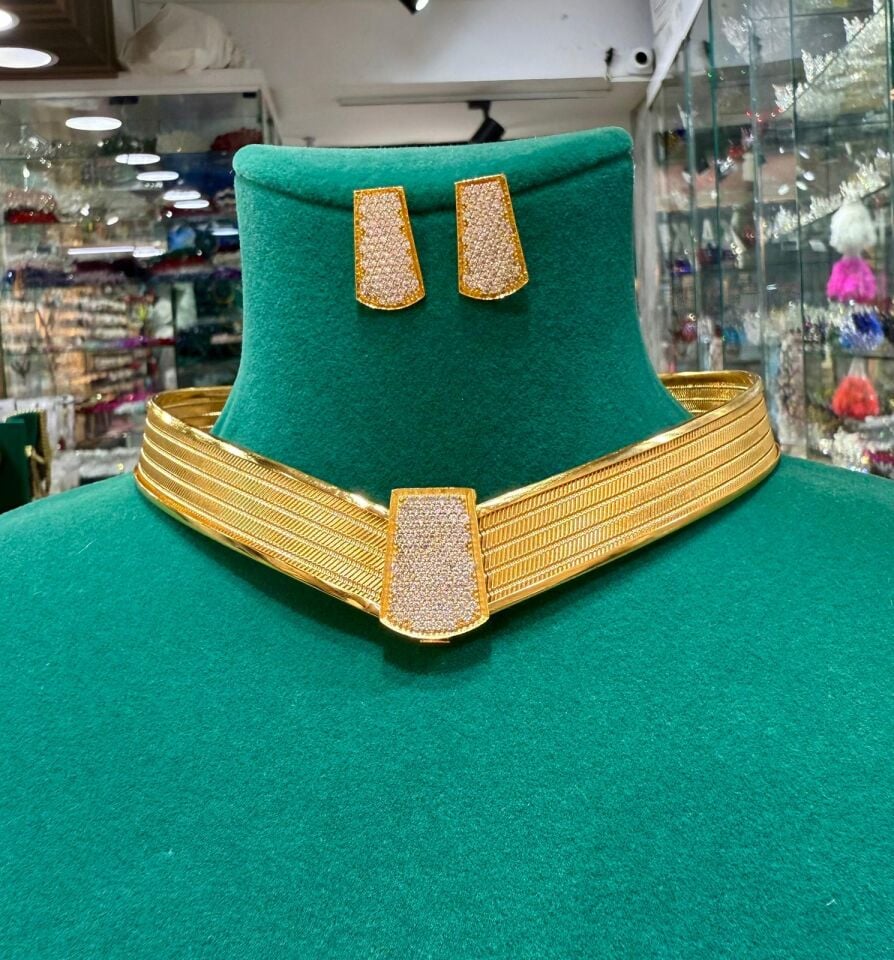 22K ALTIN KAPLAMA TRABZON HASIR KOLYE ve KÜPE TAŞLI