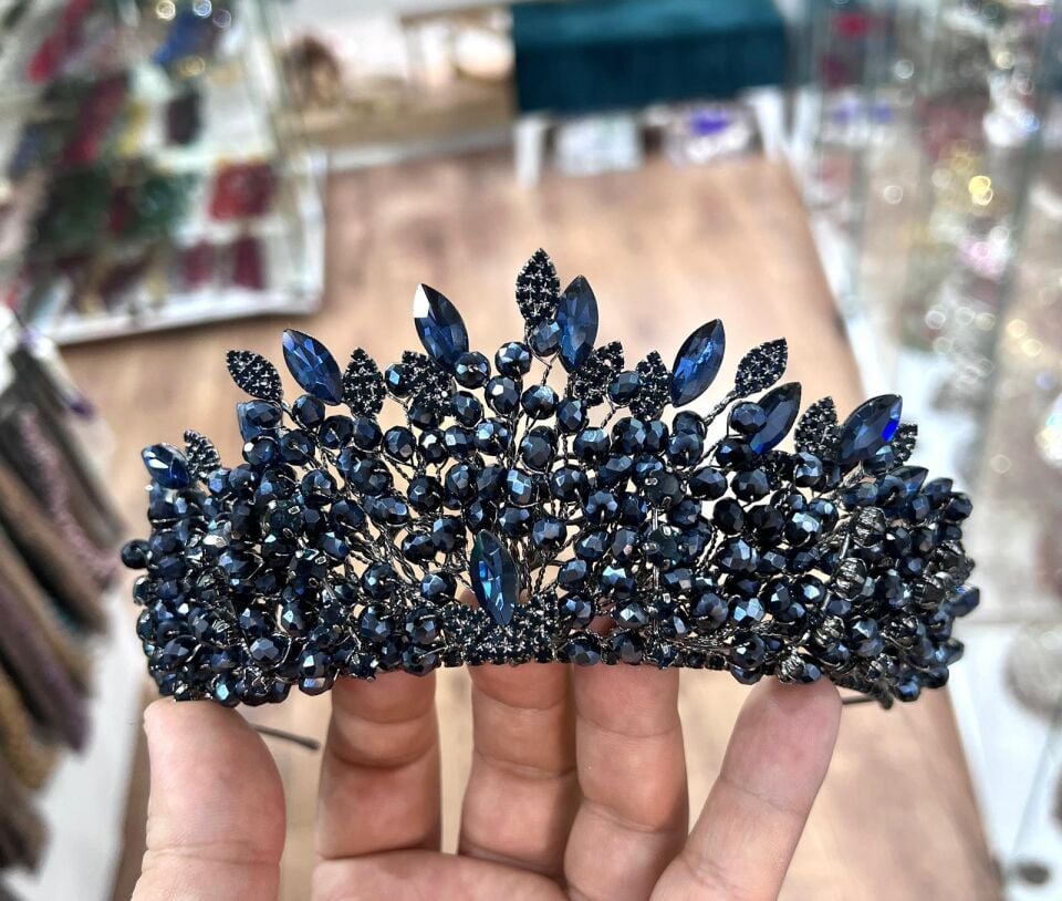 Gelin Tacı Lacivert Renk 3 Boyutlu Kristal Boncuk ve Taşlı