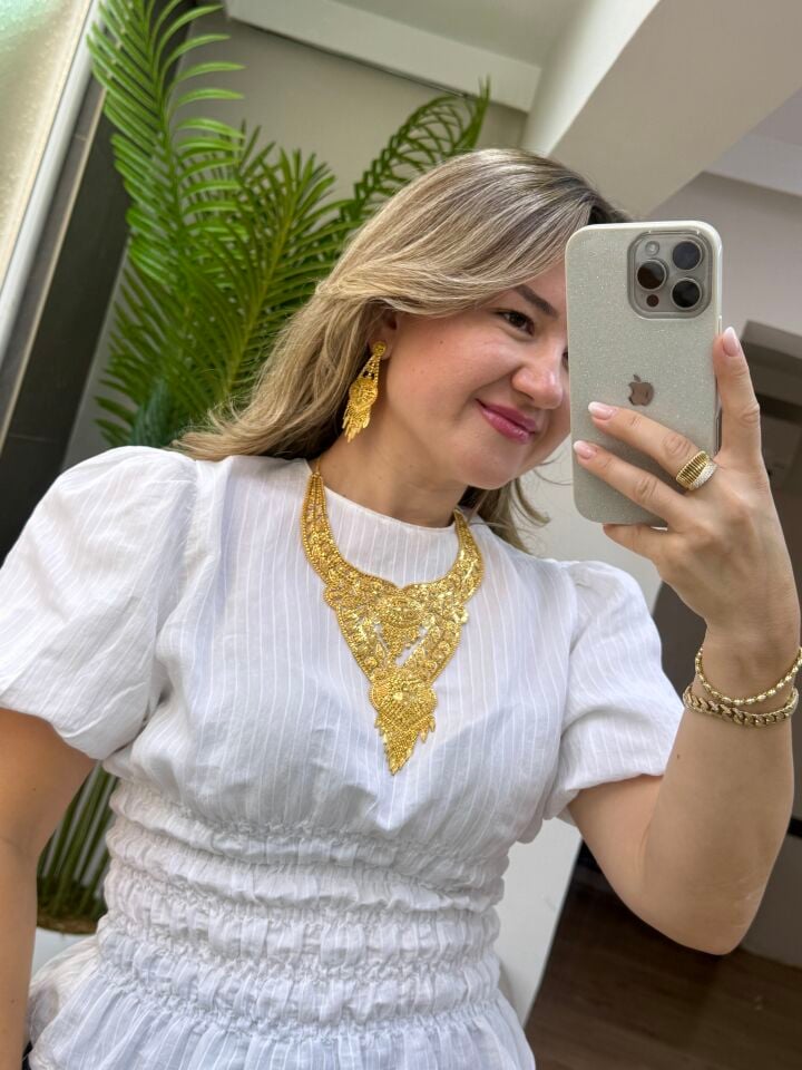 22K ALTIN KAPLAMA HİNT MODEL KOLYE KÜPE SET